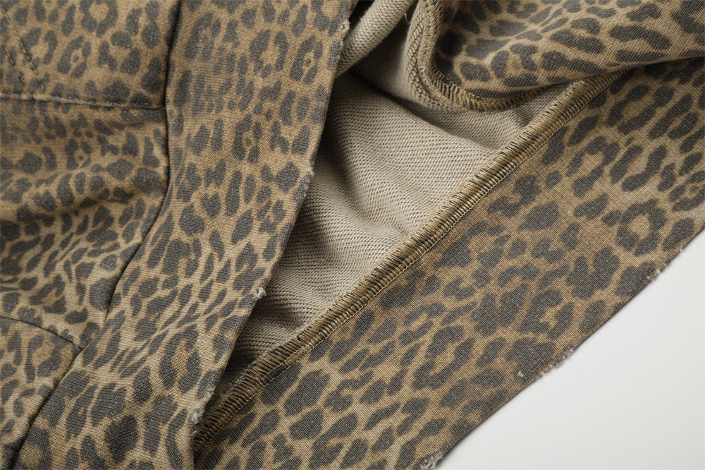 Leopard Print Zip-Up Hoodie with Distressed Letter Embroidery