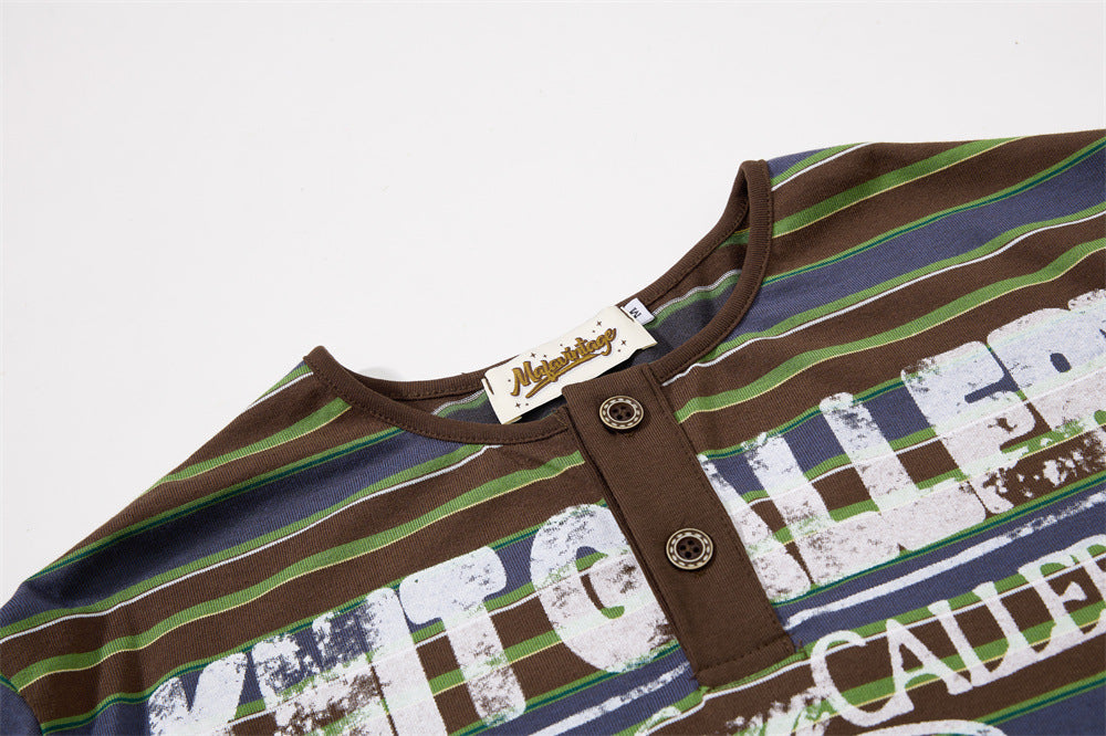 American Vintage Striped Henley Graphic T-Shirt – Oversized Short Sleeve