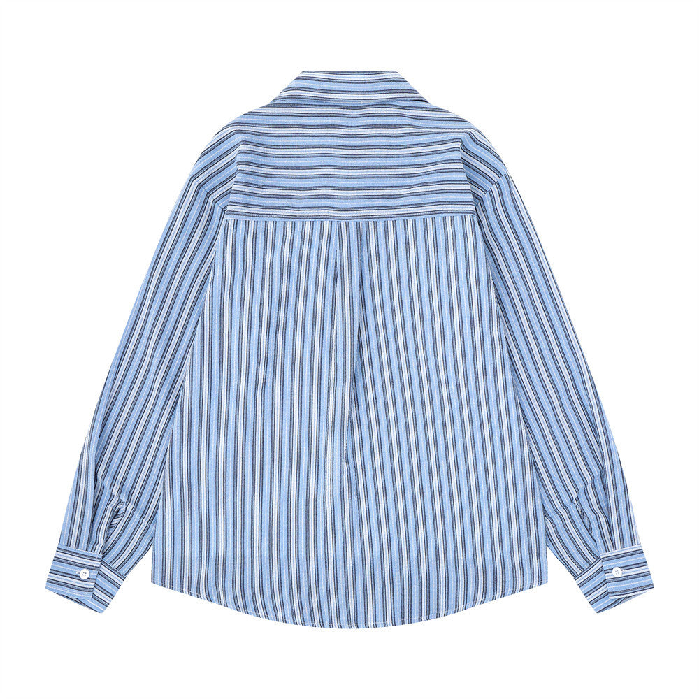 Blue striped long sleeve shirt back view with yoke seam