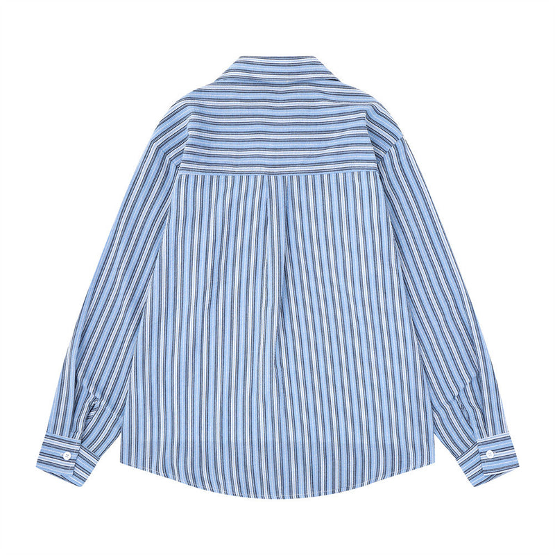 Blue striped long sleeve shirt back view with yoke seam