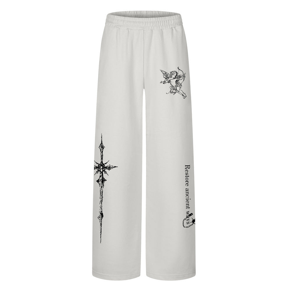 Wide-leg sweatpants with gothic cross and Cupid angel print in black and light grey