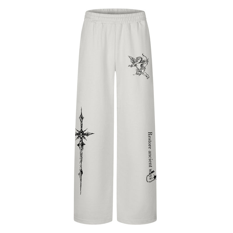 Wide-leg sweatpants with gothic cross and Cupid angel print in black and light grey
