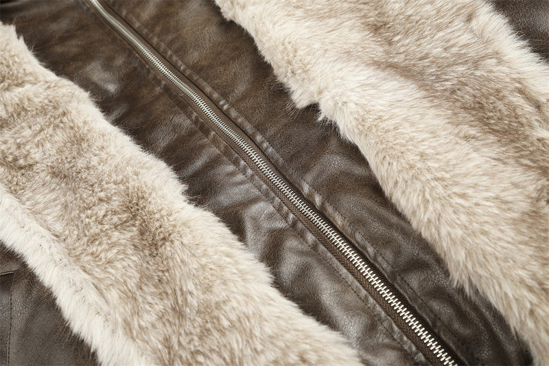 Men's Faux Leather Fur-Lined Bomber Jacket with High Collar & Asymmetric Placket