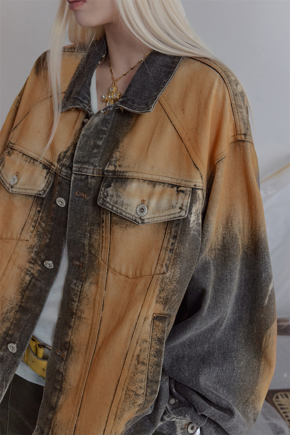 Oversized Acid-Wash Distressed Denim Jacket – Bleached Tie-Dye Punk Streetwear