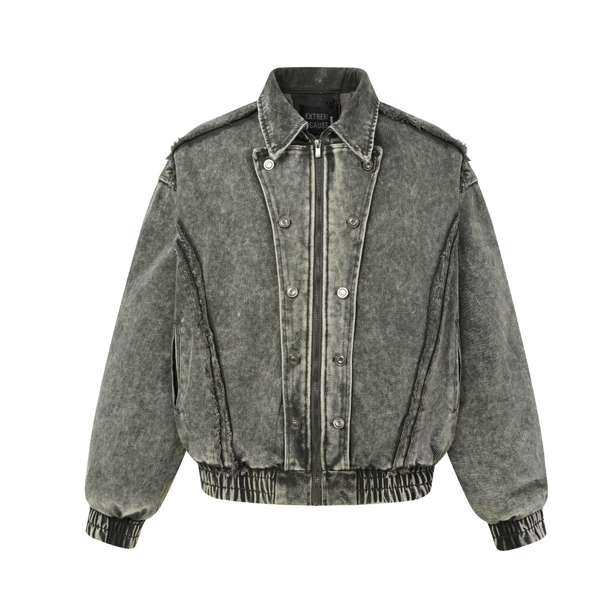 Washed Denim Bomber Jacket with Frayed Seams & Padded Lining