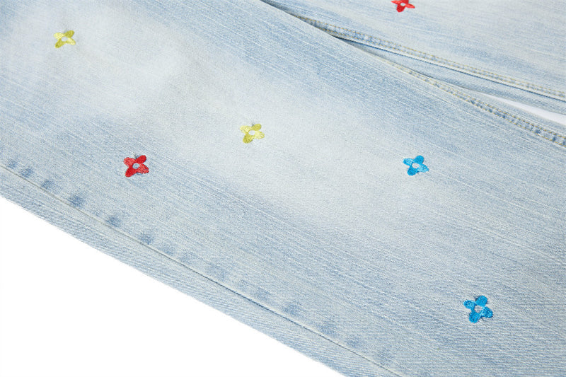 Wide-Leg Washed Denim Jeans with Cross Star Embroidery & Rhinestone Pocket