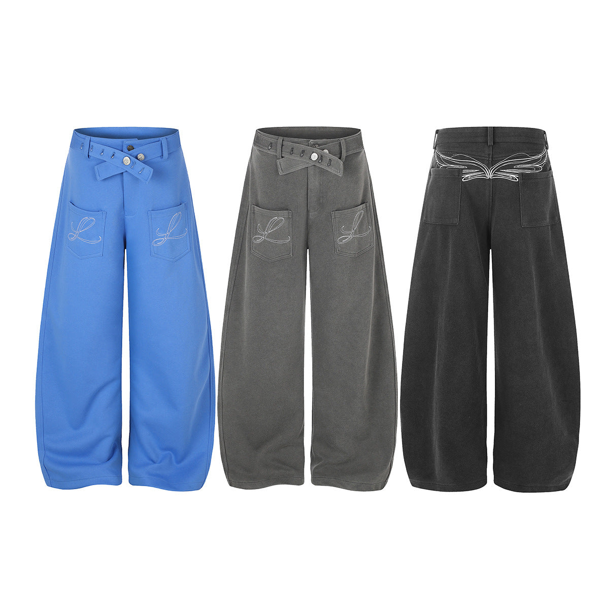 Pantalon habillé à jambes larges – Coupe baggy délavée avec poches brodées et ceinture croisée