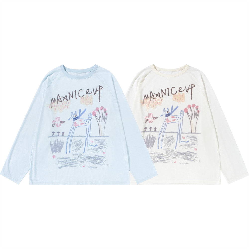 Oversized long-sleeve graphic tee with cartoon doodle print in sky blue and off-white colorways