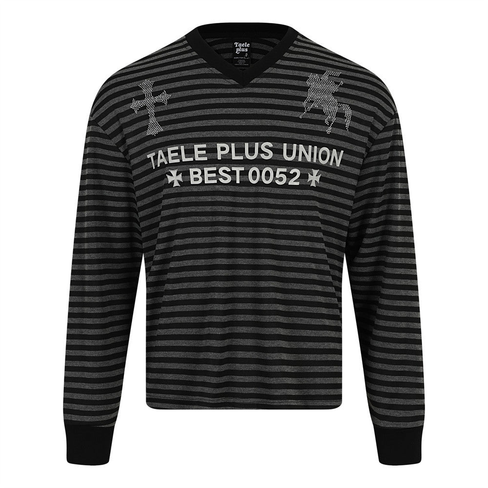 Men's Striped Long-Sleeve Shirt with Rhinestone Cross & Pegasus Graphic Print