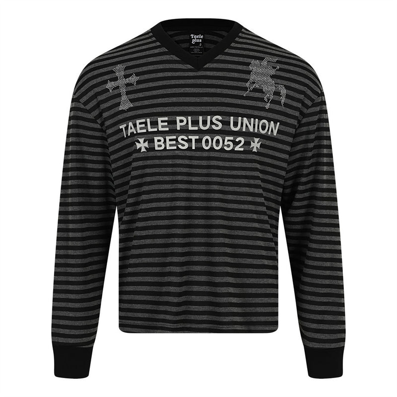 Men's Striped Long-Sleeve Shirt with Rhinestone Cross & Pegasus Graphic Print