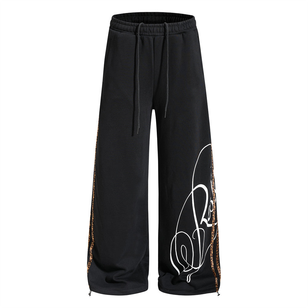 Dark Streetwear Wide-Leg Sweatpants with Leopard Side Tape & Script Print