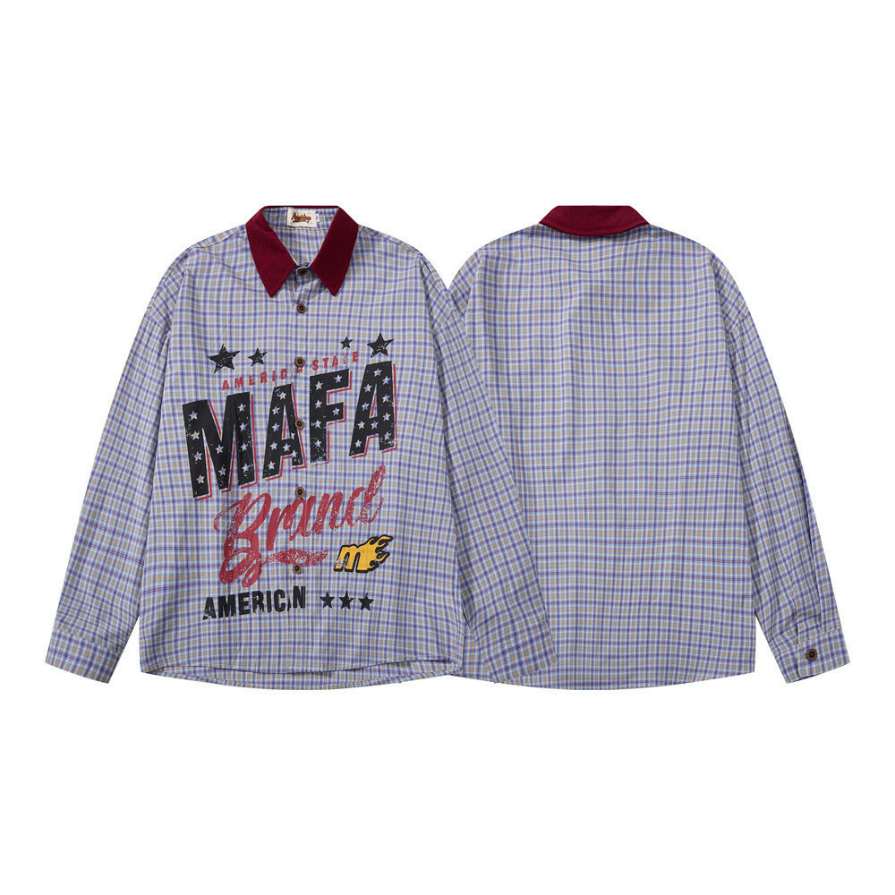 Plaid Long-Sleeve Shirt with Varsity Graphic Print and Contrast Collar