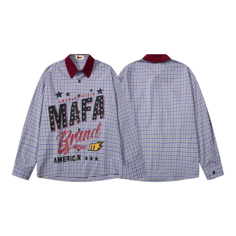 Plaid Long-Sleeve Shirt with Varsity Graphic Print and Contrast Collar