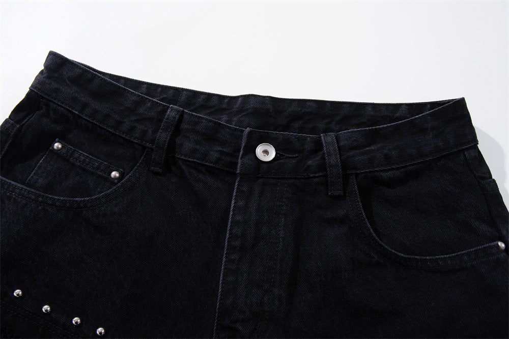 Wide-Leg Patchwork Jeans – Graffiti Print Panels & Studded Detail