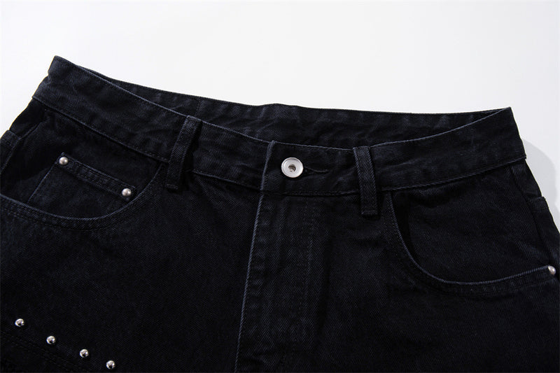 Wide-Leg Patchwork Jeans – Graffiti Print Panels & Studded Detail