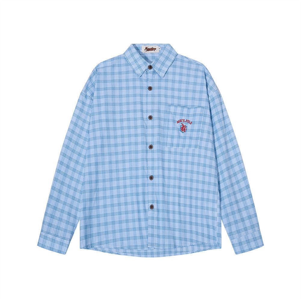 Relaxed-fit plaid long sleeve button-up shirt with embroidered chest pocket in light blue check pattern