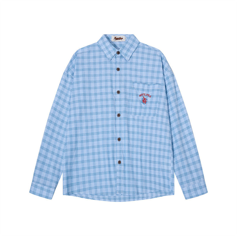 Relaxed-fit plaid long sleeve button-up shirt with embroidered chest pocket in light blue check pattern