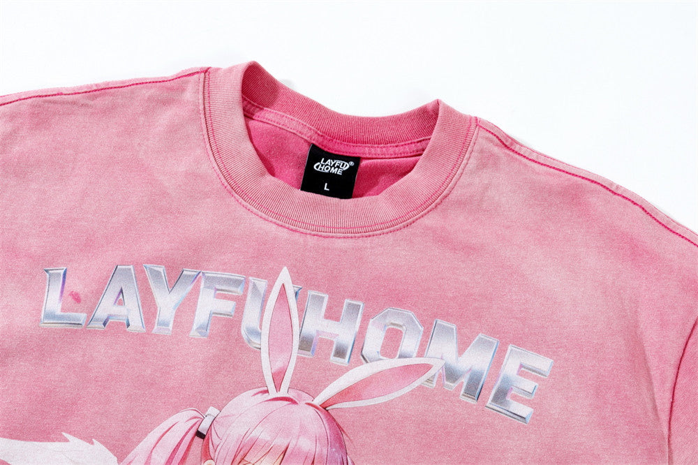 Camiseta gráfica rosa para hombre – Camiseta extragrande lavada al ácido con ángel maid de anime