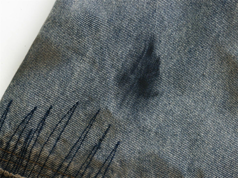 Baggy Wide-Leg Jeans – Chaotic Embroidery, Distressed Denim & Arc-Hem Design