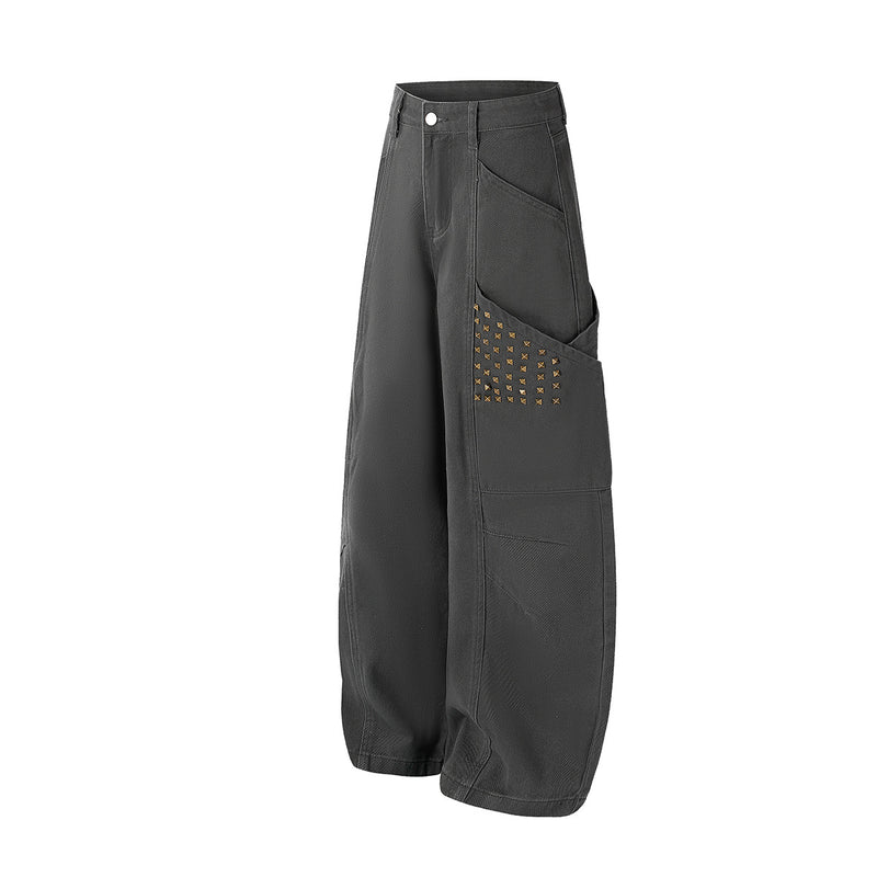 Studded Wide-Leg Cargo Pants with Oversized Pockets