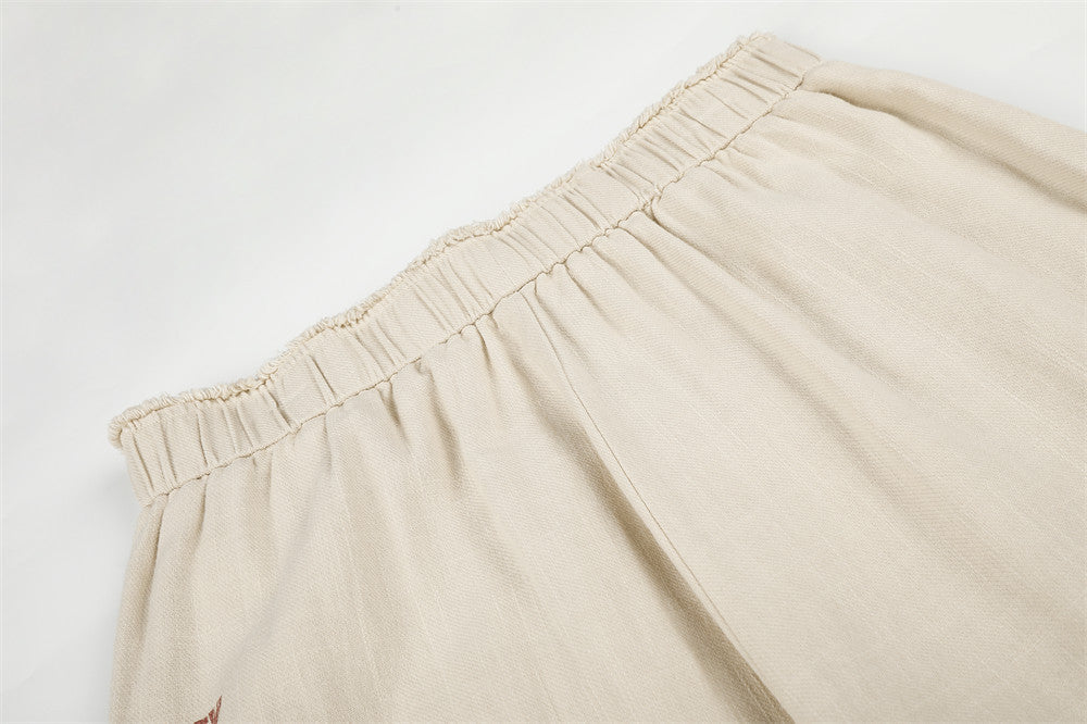Wide-Leg Graphic Print Pants – Raw Hem Elastic Waist Straight Trousers