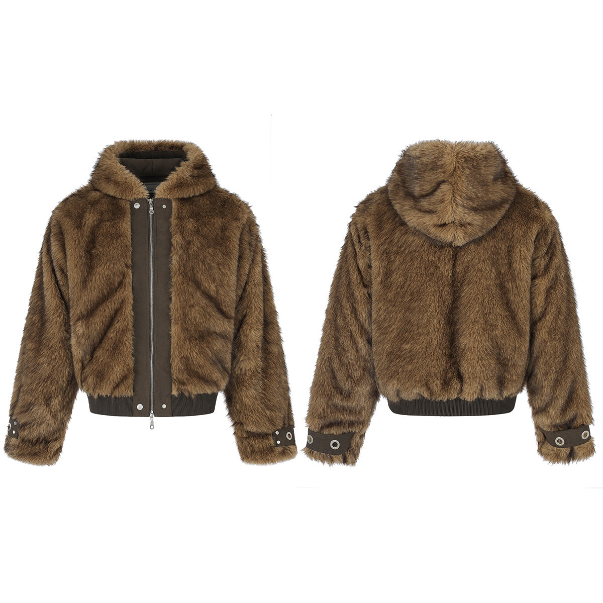 Faux Fur Hooded Bomber Jacket – Brown Oversized Winter Coat with Grommet Cuffs