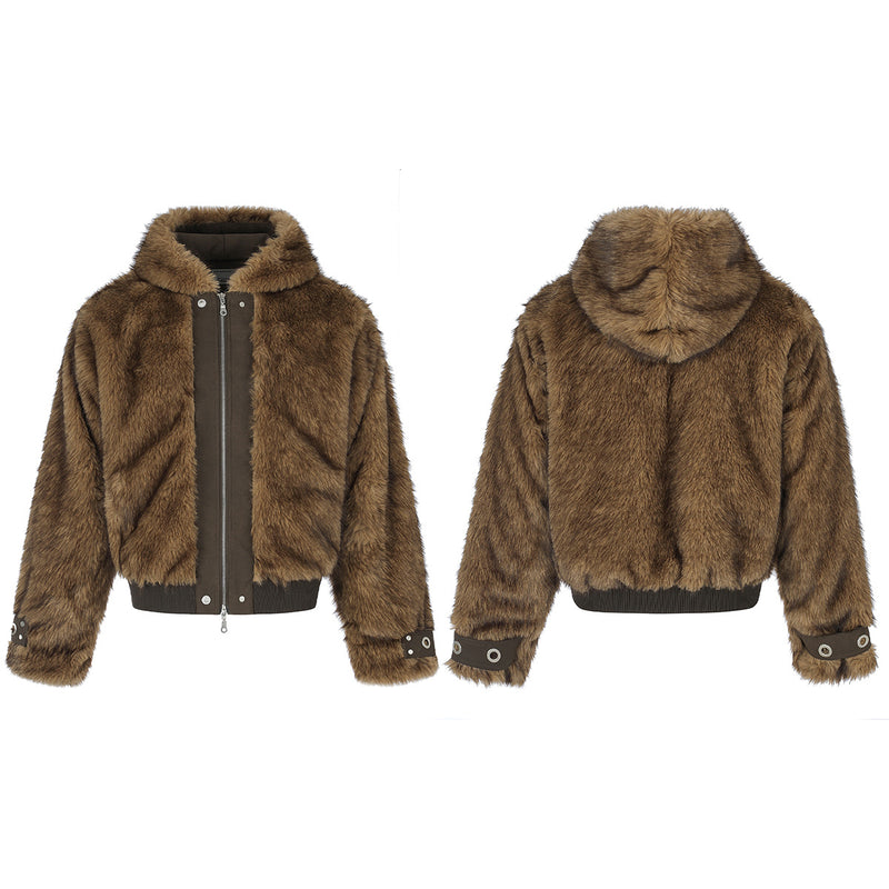 Faux Fur Hooded Bomber Jacket – Brown Oversized Winter Coat with Grommet Cuffs
