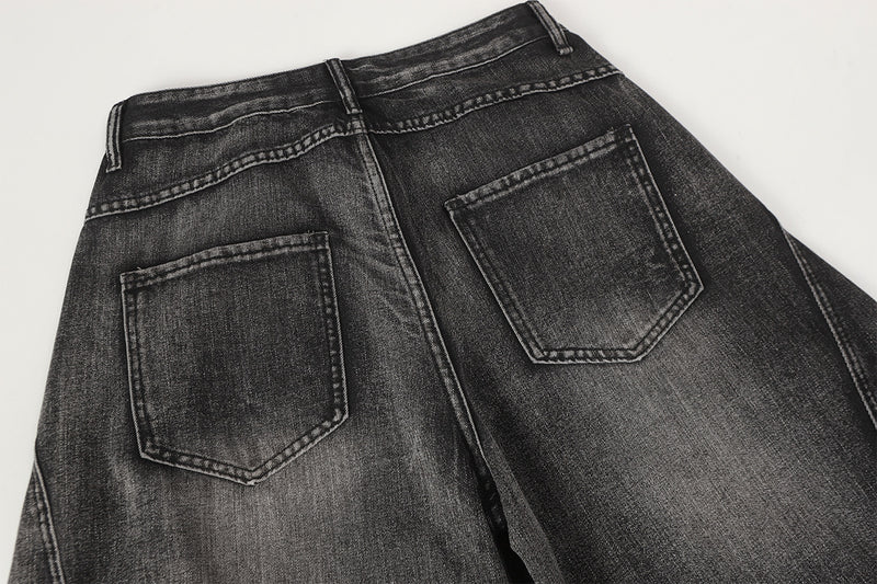 Jean baggy noir déchiré – Pantalon en denim délavé à jambe large