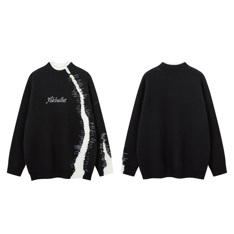 Distressed Knit Sweater with Double-Layer Collar and Raw-Edge Contrast Detail