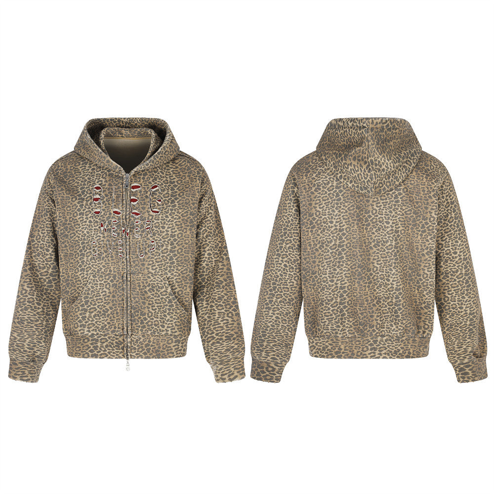 Leopard Print Zip-Up Hoodie with Distressed Letter Embroidery