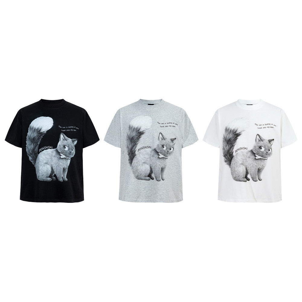 Monskiski Cat Graphic Crew Neck T-Shirt – 3D Sketch Print Short Sleeve Tee