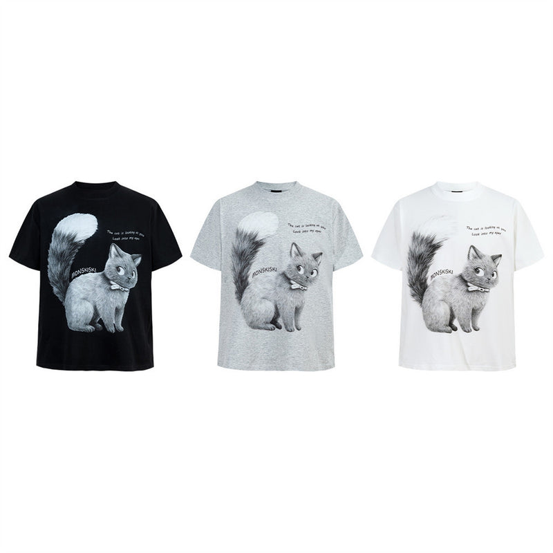 Monskiski Cat Graphic Crew Neck T-Shirt – 3D Sketch Print Short Sleeve Tee