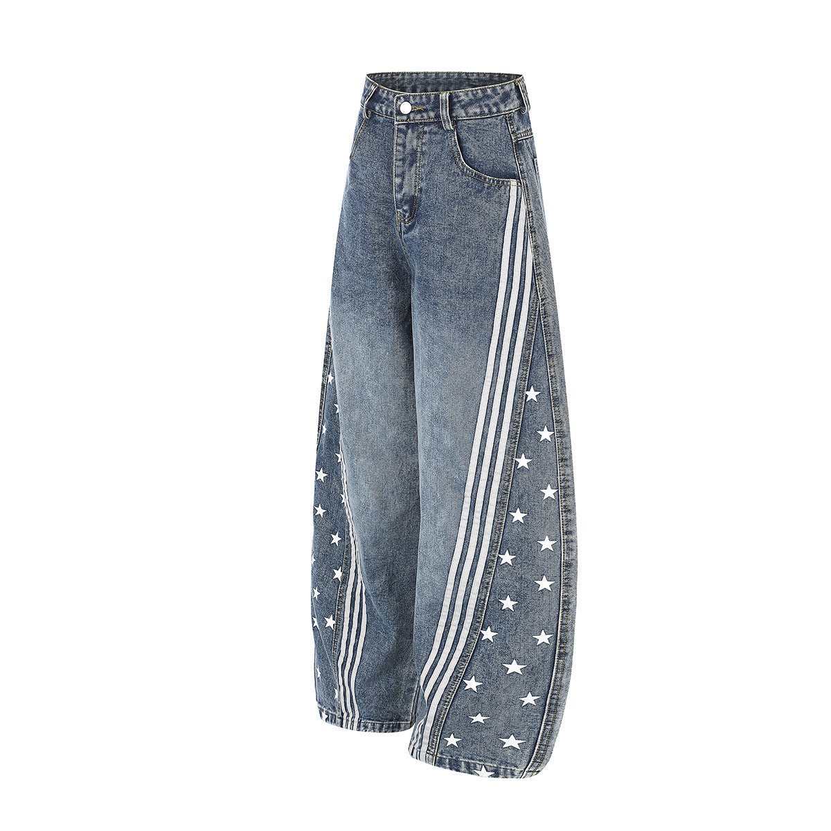 High Waist Baggy Jeans – Star Print Wide-Leg Denim with Triple Stripe Detail