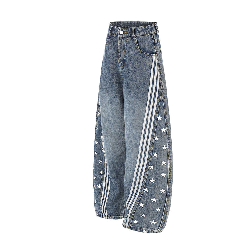 High Waist Baggy Jeans – Star Print Wide-Leg Denim with Triple Stripe Detail