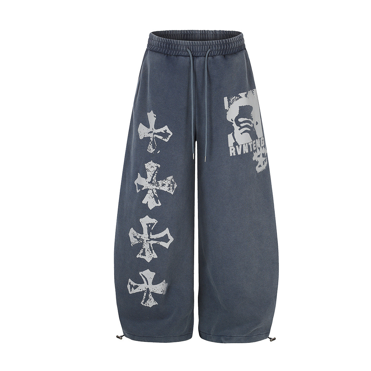 Pantalones de chándal de pierna ancha con cruz estampada y acabado lavado ácido