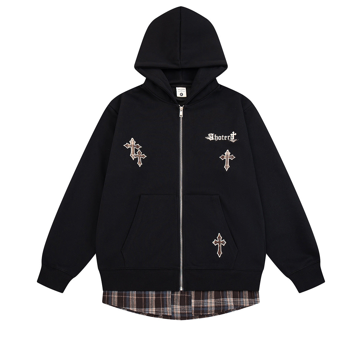Sweat zippé à capuche avec croix brodée et détail à carreaux sur le bas