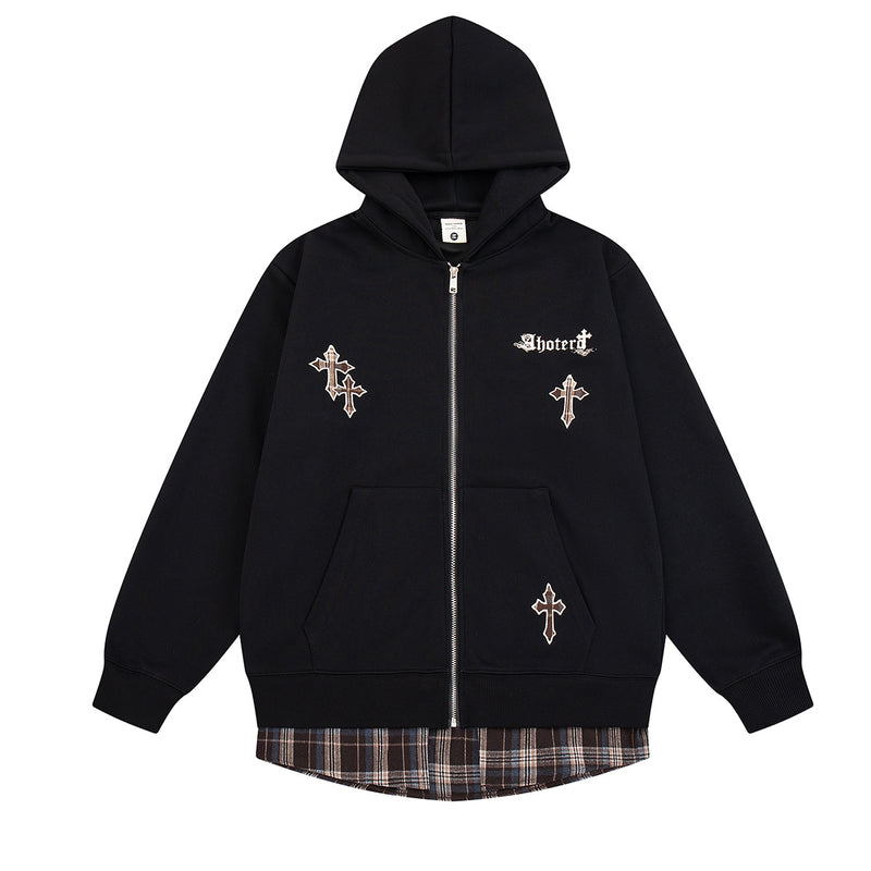 Sweat zippé à capuche avec croix brodée et détail à carreaux sur le bas