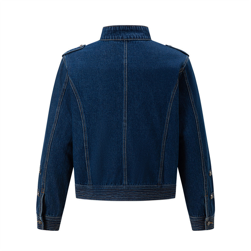 Men's Military-Style Denim Jacket – Stand Collar, Decorative Button Trim