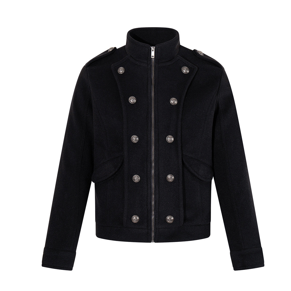 Veste en laine noire pour homme, style militaire et double boutonnage, avec boutons-écussons argentés et col montant, vue de face et de dos