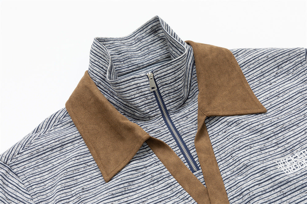 Striped Half-Zip Polo Sweatshirt with Suede Collar & Cuffs