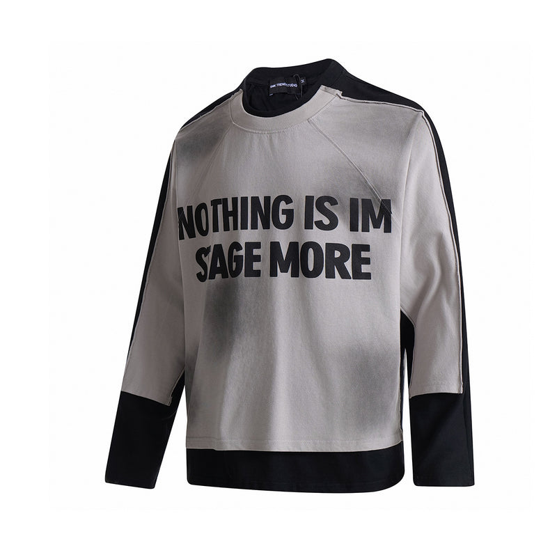 T-shirt graphique color-block à manches longues – Haut streetwear oversize bicolore délavé