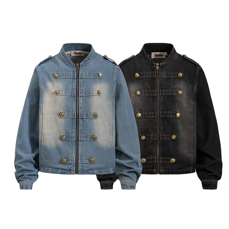 Military-Style Washed Denim Jacket – Stand Collar, Double-Breasted Button Detail