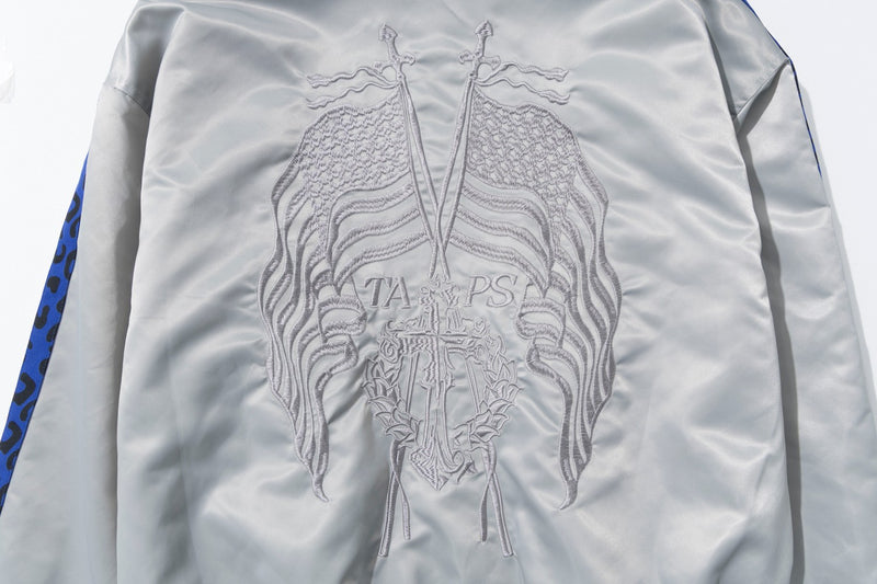 Blouson bomber satiné brodé à col montant et bandes léopard