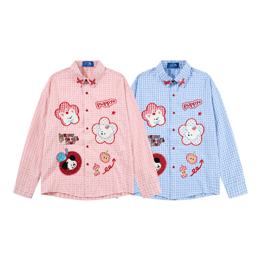 Langarmhemd mit Vichykaromuster und gesticktem Cartoon-Welpen – Relaxed Fit