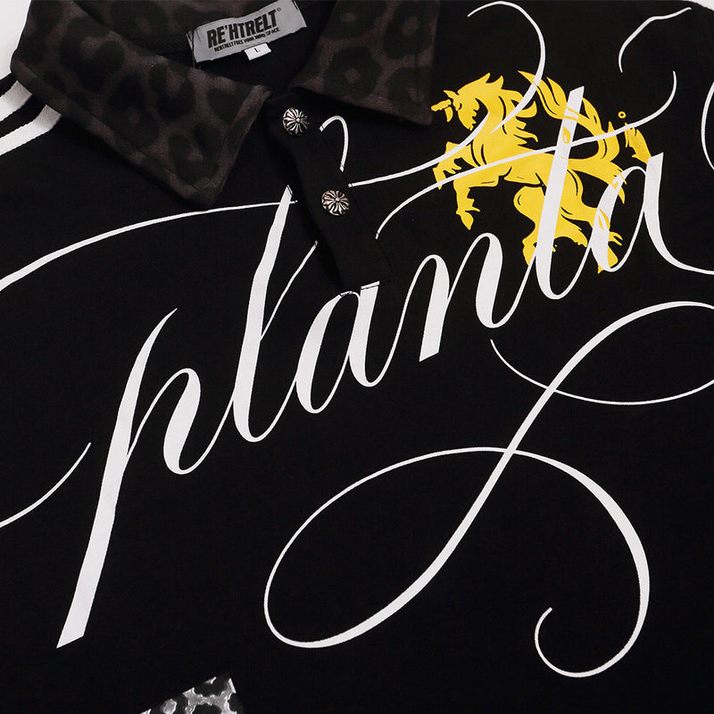 Men's Hip-Hop Polo Long Sleeve Shirt with Leopard Cross & Script Print