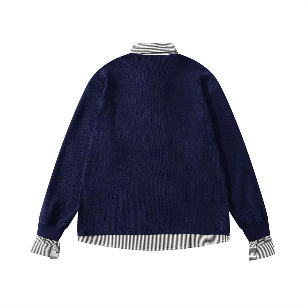 Men's Faux-Layered Polo Sweatshirt with Pearl Stud Letters and Striped Collar