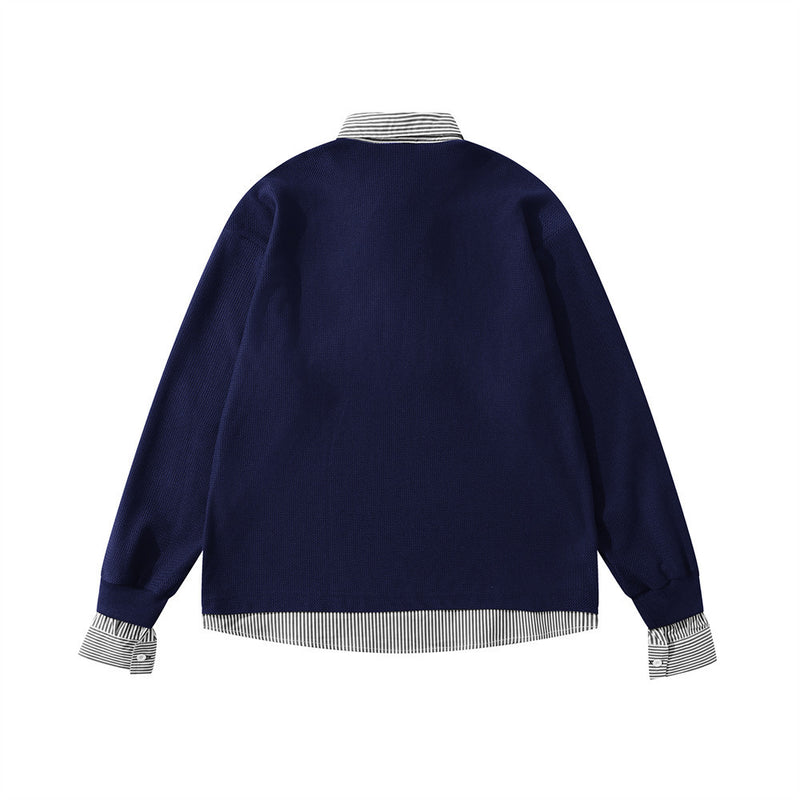 Men's Faux-Layered Polo Sweatshirt with Pearl Stud Letters and Striped Collar