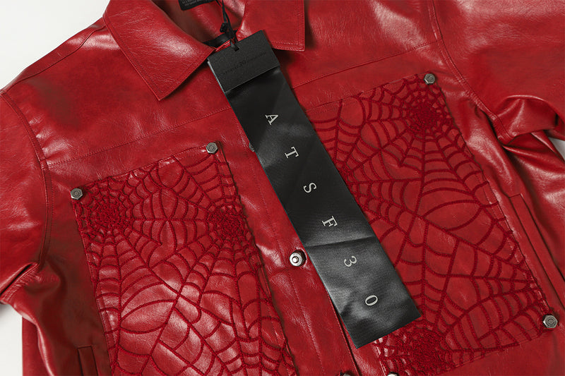 Spiderweb Embroidered PU Leather Jacket – Oversized Moto Fit