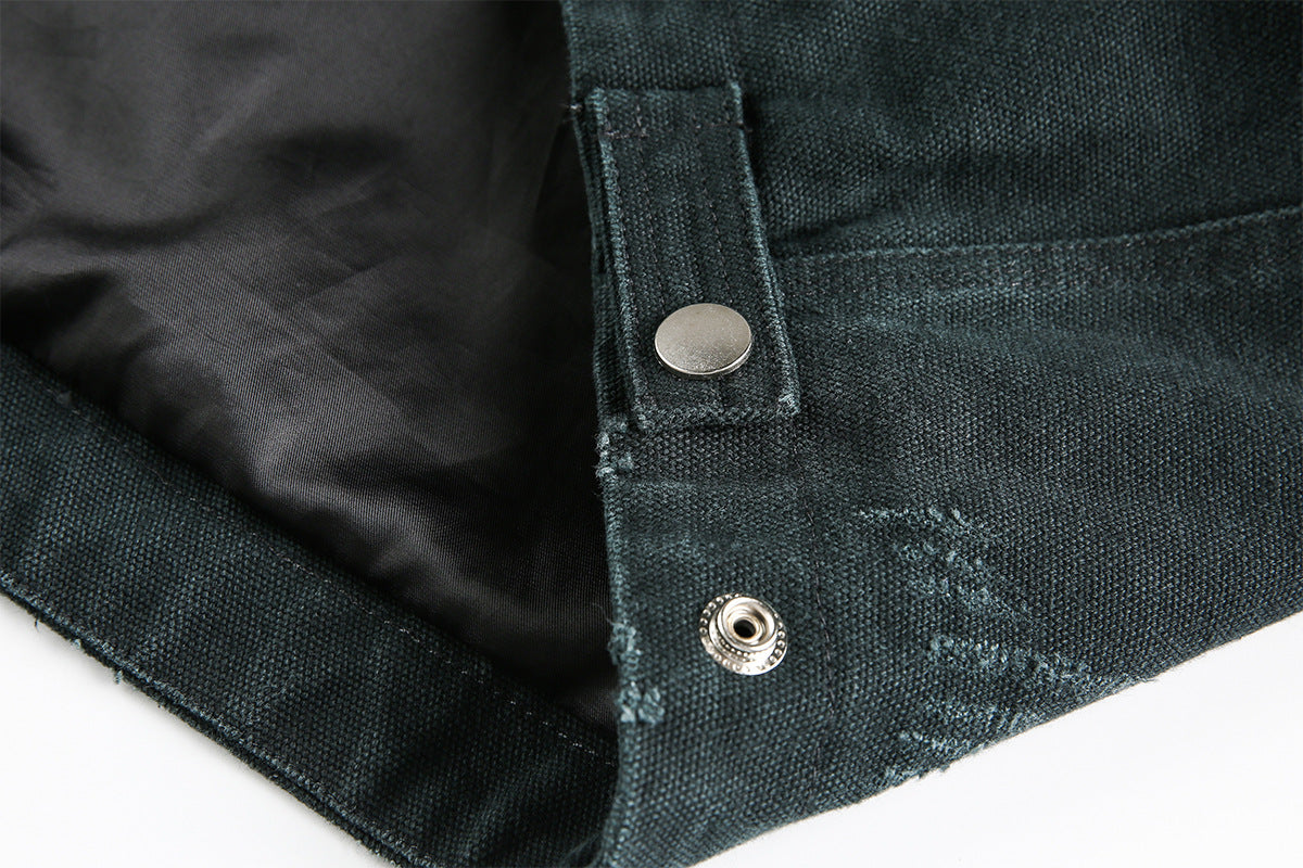 Veste workwear en toile délavée à l'acide – Imprimé graphique japonais, finition usée