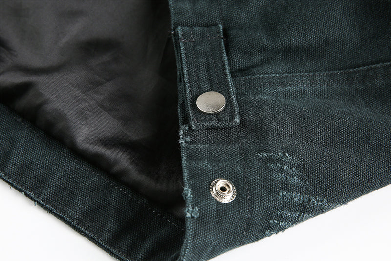 Veste workwear en toile délavée à l'acide – Imprimé graphique japonais, finition usée